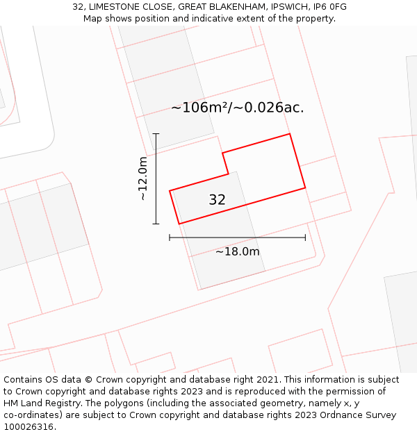 32, LIMESTONE CLOSE, GREAT BLAKENHAM, IPSWICH, IP6 0FG: Plot and title map