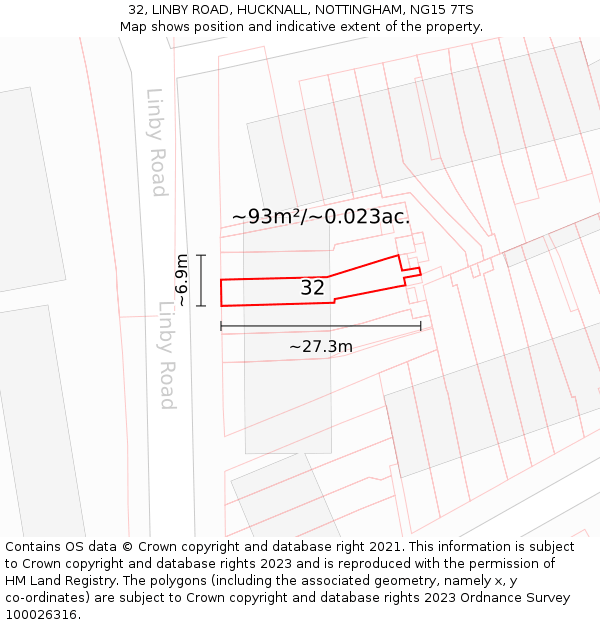 32, LINBY ROAD, HUCKNALL, NOTTINGHAM, NG15 7TS: Plot and title map
