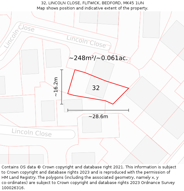 32, LINCOLN CLOSE, FLITWICK, BEDFORD, MK45 1UN: Plot and title map