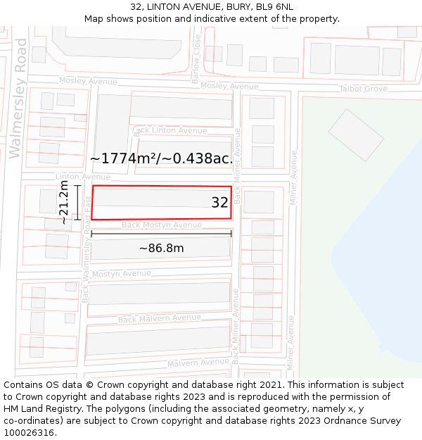 32, LINTON AVENUE, BURY, BL9 6NL: Plot and title map
