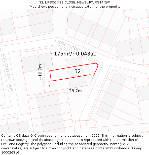 32, LIPSCOMBE CLOSE, NEWBURY, RG14 5JW: Plot and title map