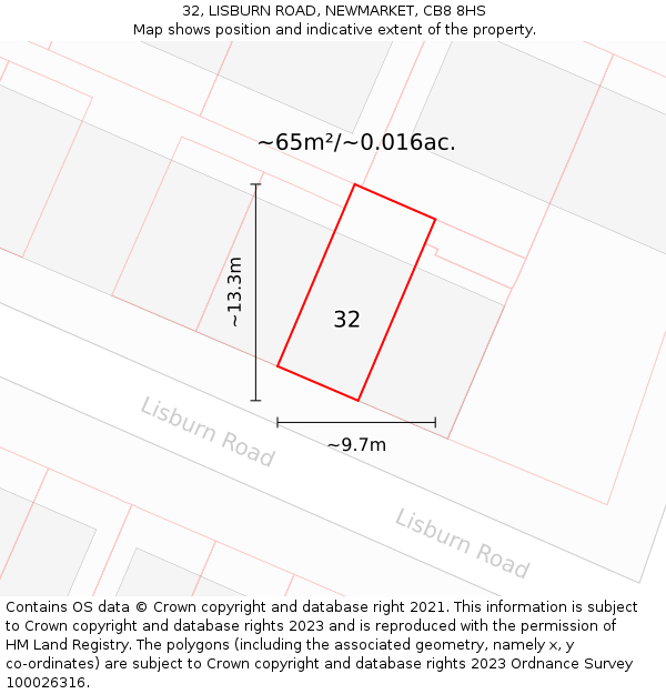32, LISBURN ROAD, NEWMARKET, CB8 8HS: Plot and title map