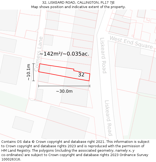 32, LISKEARD ROAD, CALLINGTON, PL17 7JE: Plot and title map