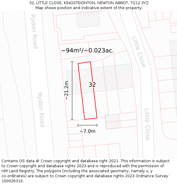 32, LITTLE CLOSE, KINGSTEIGNTON, NEWTON ABBOT, TQ12 3YZ: Plot and title map