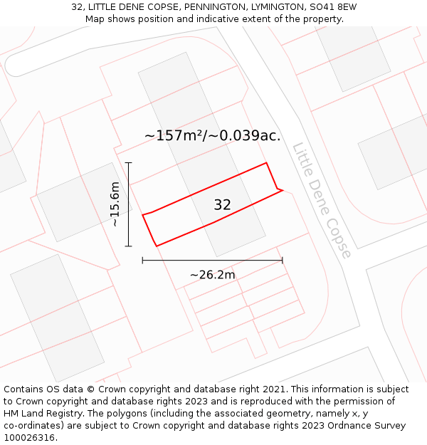 32, LITTLE DENE COPSE, PENNINGTON, LYMINGTON, SO41 8EW: Plot and title map