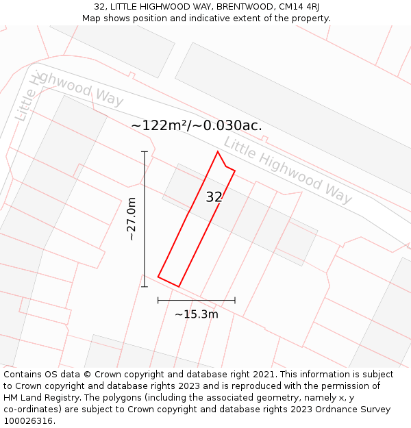 32, LITTLE HIGHWOOD WAY, BRENTWOOD, CM14 4RJ: Plot and title map