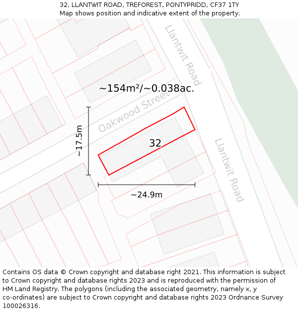 32, LLANTWIT ROAD, TREFOREST, PONTYPRIDD, CF37 1TY: Plot and title map