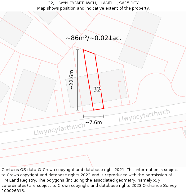 32, LLWYN CYFARTHWCH, LLANELLI, SA15 1GY: Plot and title map