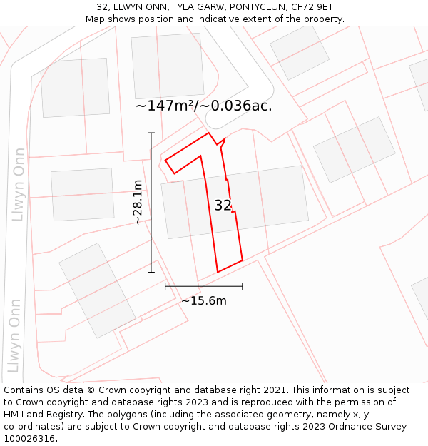 32, LLWYN ONN, TYLA GARW, PONTYCLUN, CF72 9ET: Plot and title map