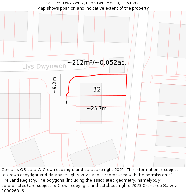 32, LLYS DWYNWEN, LLANTWIT MAJOR, CF61 2UH: Plot and title map
