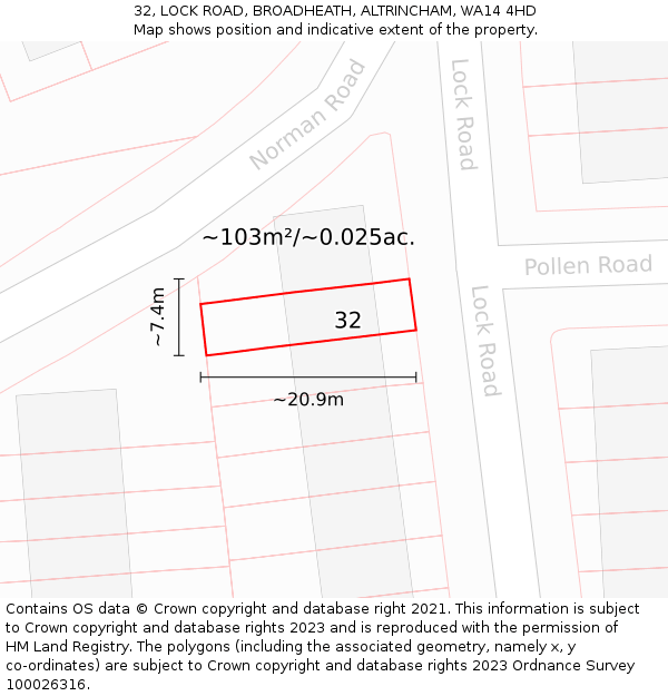 32, LOCK ROAD, BROADHEATH, ALTRINCHAM, WA14 4HD: Plot and title map