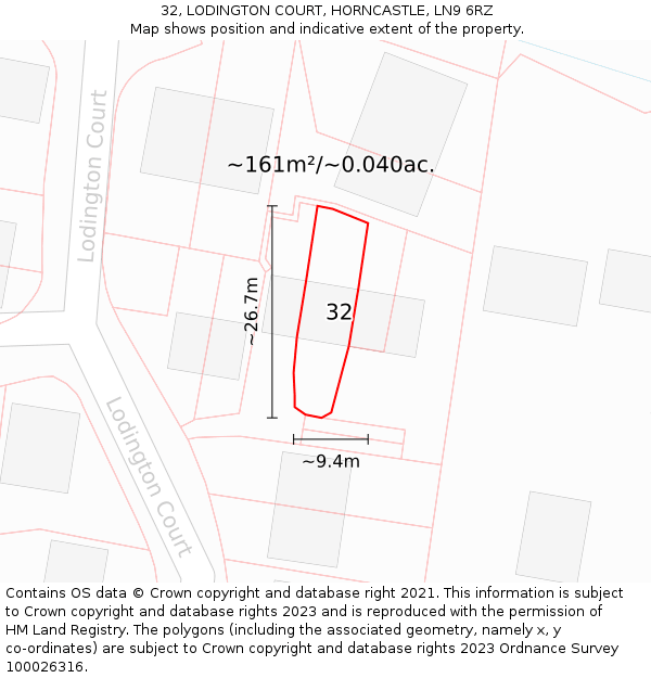 32, LODINGTON COURT, HORNCASTLE, LN9 6RZ: Plot and title map