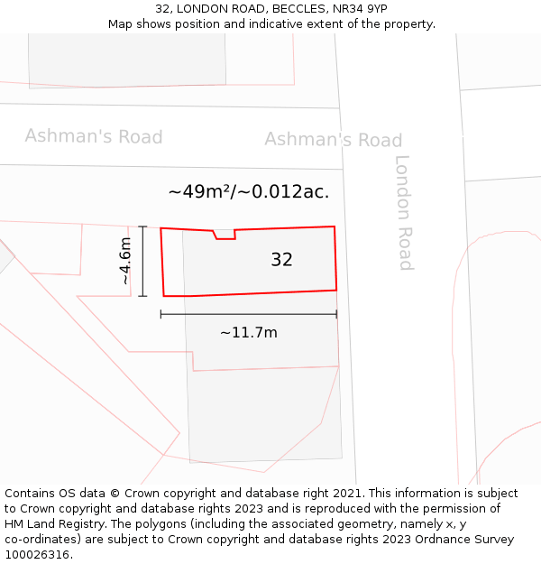 32, LONDON ROAD, BECCLES, NR34 9YP: Plot and title map