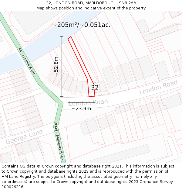 32, LONDON ROAD, MARLBOROUGH, SN8 2AA: Plot and title map