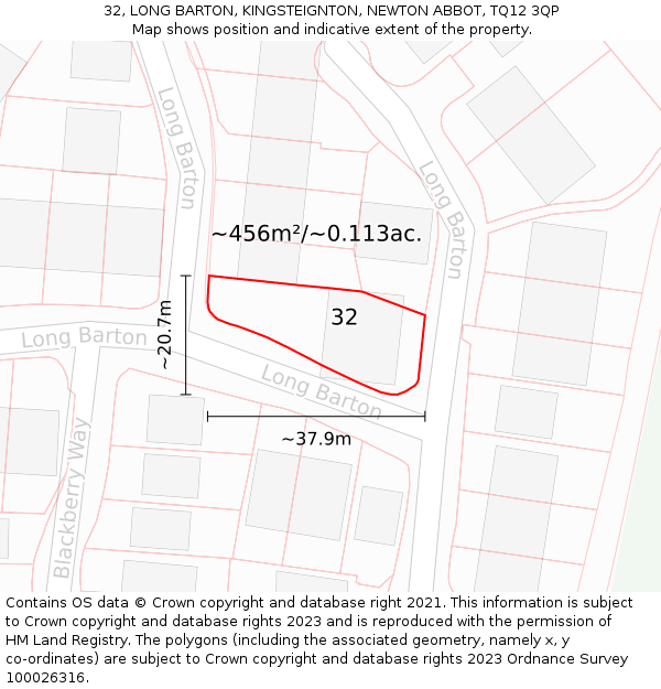 32, LONG BARTON, KINGSTEIGNTON, NEWTON ABBOT, TQ12 3QP: Plot and title map