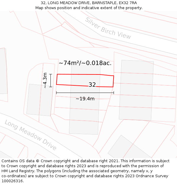 32, LONG MEADOW DRIVE, BARNSTAPLE, EX32 7RA: Plot and title map