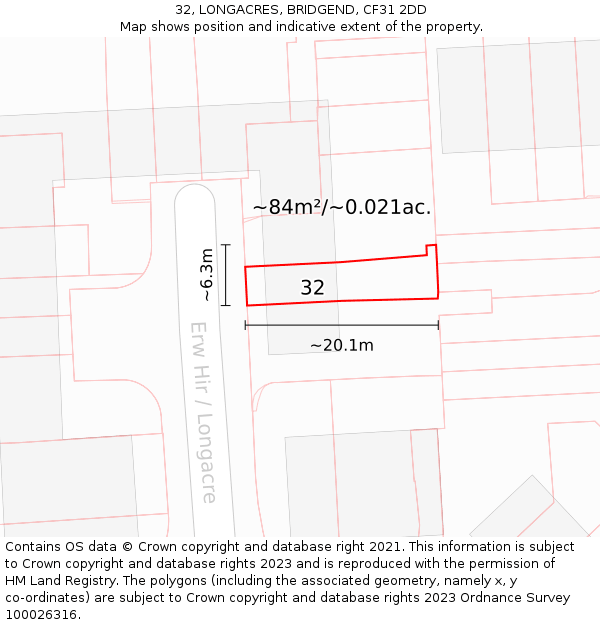 32, LONGACRES, BRIDGEND, CF31 2DD: Plot and title map