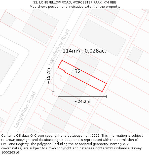 32, LONGFELLOW ROAD, WORCESTER PARK, KT4 8BB: Plot and title map