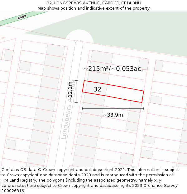 32, LONGSPEARS AVENUE, CARDIFF, CF14 3NU: Plot and title map