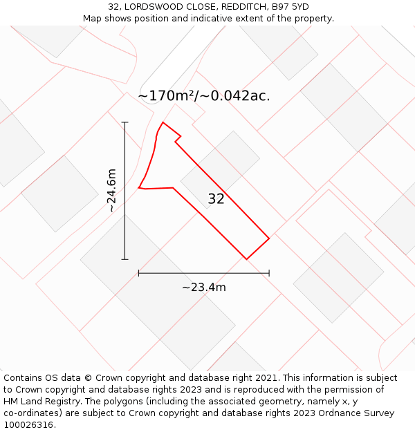 32, LORDSWOOD CLOSE, REDDITCH, B97 5YD: Plot and title map