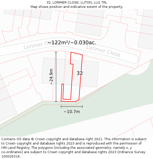 32, LORIMER CLOSE, LUTON, LU2 7RL: Plot and title map