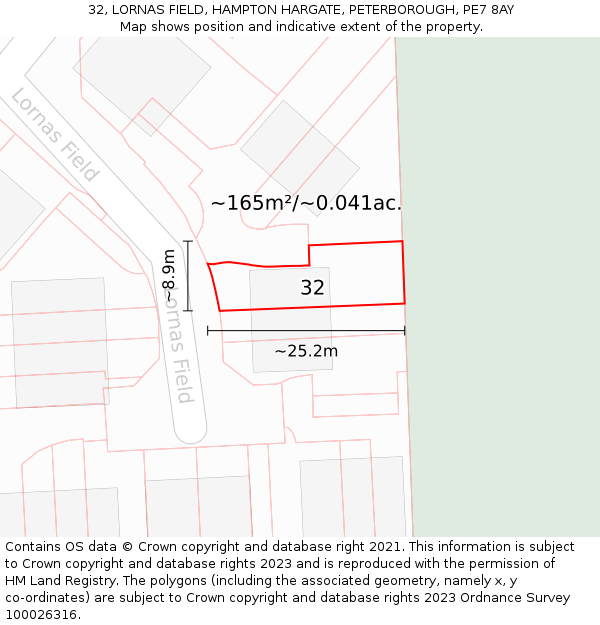 32, LORNAS FIELD, HAMPTON HARGATE, PETERBOROUGH, PE7 8AY: Plot and title map
