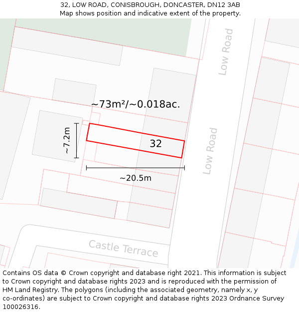 32, LOW ROAD, CONISBROUGH, DONCASTER, DN12 3AB: Plot and title map