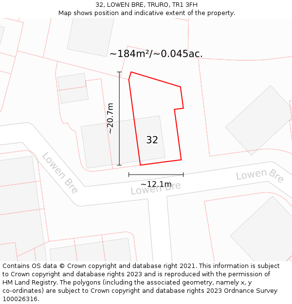 32, LOWEN BRE, TRURO, TR1 3FH: Plot and title map