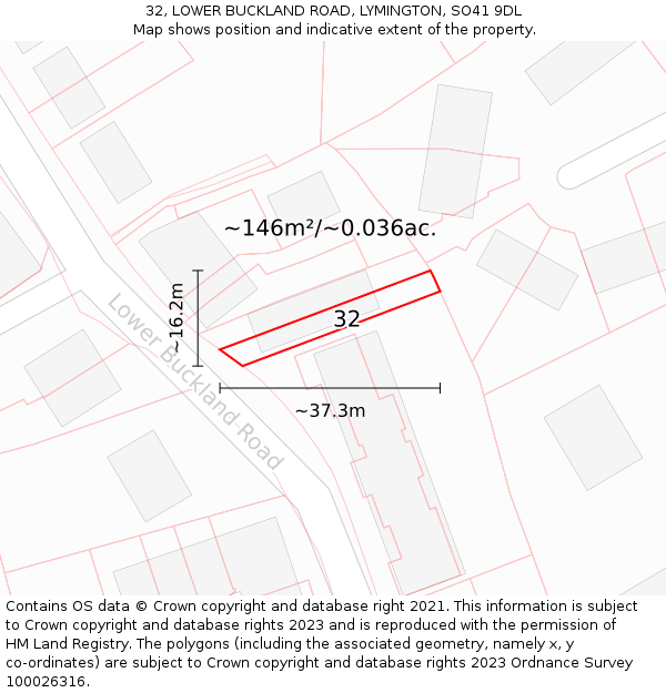 32, LOWER BUCKLAND ROAD, LYMINGTON, SO41 9DL: Plot and title map