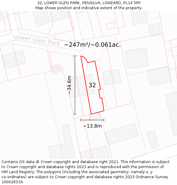 32, LOWER GLEN PARK, PENSILVA, LISKEARD, PL14 5PP: Plot and title map