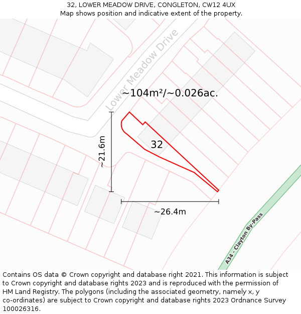 32, LOWER MEADOW DRIVE, CONGLETON, CW12 4UX: Plot and title map