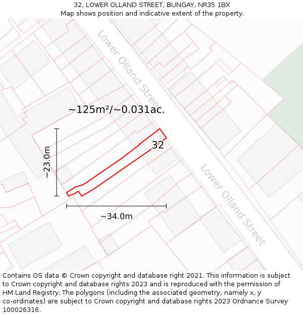 32, LOWER OLLAND STREET, BUNGAY, NR35 1BX: Plot and title map