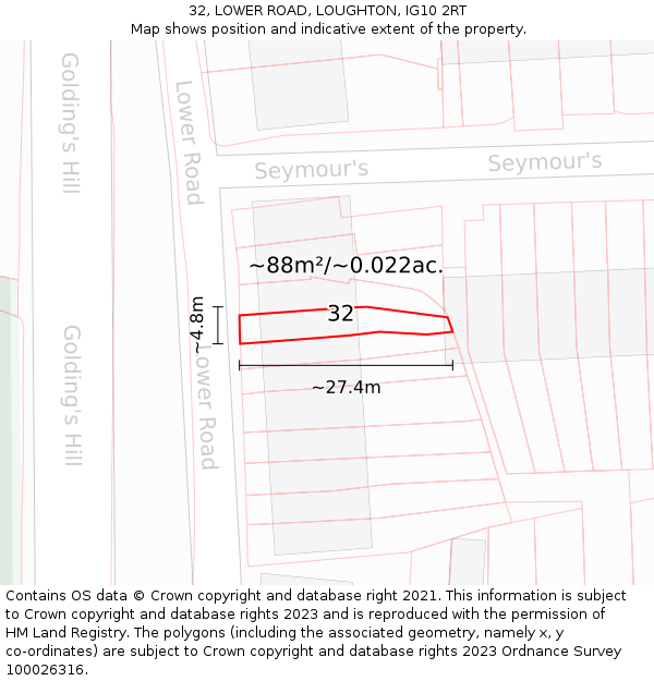 32, LOWER ROAD, LOUGHTON, IG10 2RT: Plot and title map