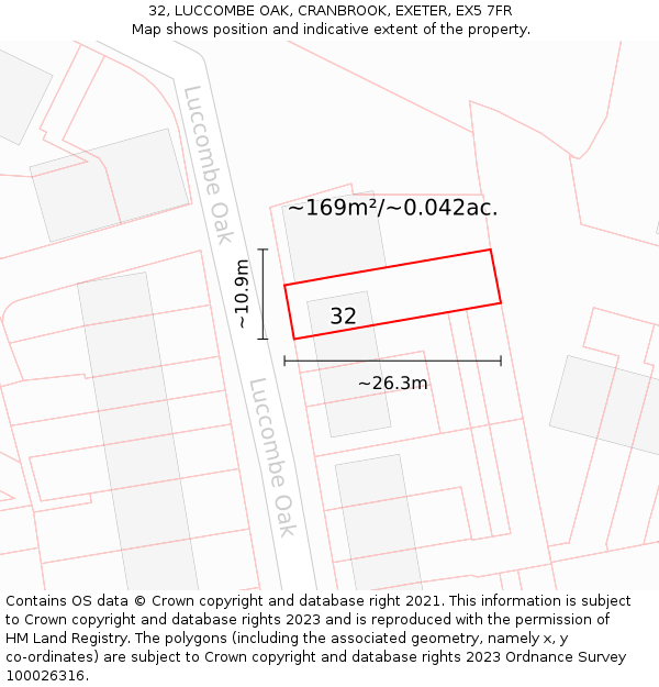 32, LUCCOMBE OAK, CRANBROOK, EXETER, EX5 7FR: Plot and title map