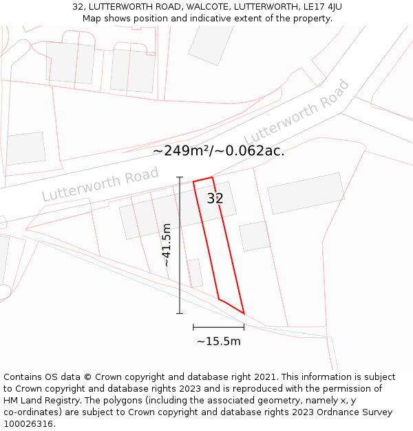 32, LUTTERWORTH ROAD, WALCOTE, LUTTERWORTH, LE17 4JU: Plot and title map