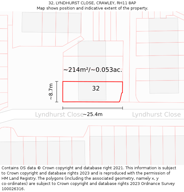 32, LYNDHURST CLOSE, CRAWLEY, RH11 8AP: Plot and title map