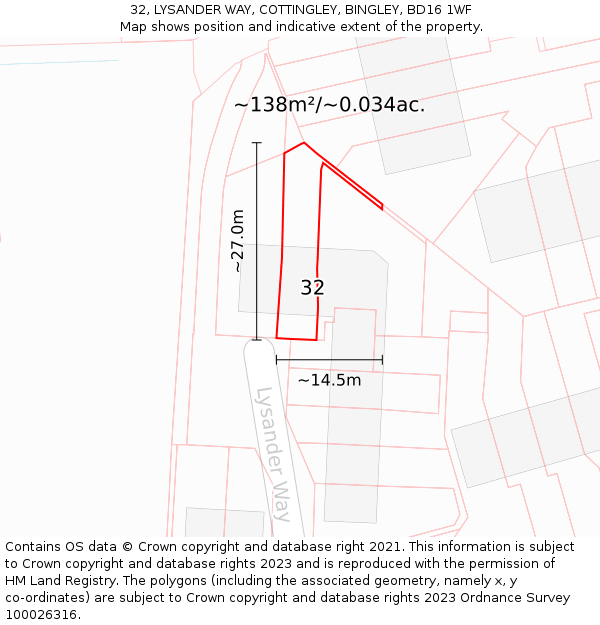 32, LYSANDER WAY, COTTINGLEY, BINGLEY, BD16 1WF: Plot and title map