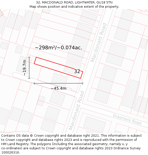 32, MACDONALD ROAD, LIGHTWATER, GU18 5TN: Plot and title map