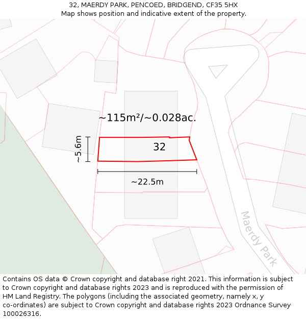32, MAERDY PARK, PENCOED, BRIDGEND, CF35 5HX: Plot and title map