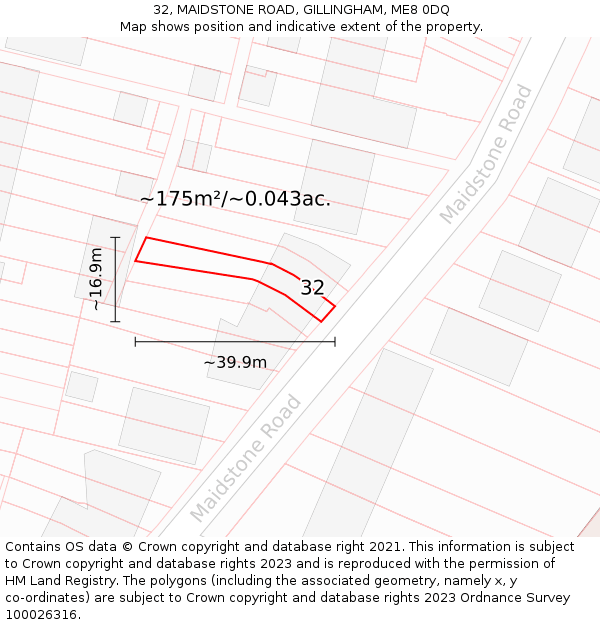32, MAIDSTONE ROAD, GILLINGHAM, ME8 0DQ: Plot and title map