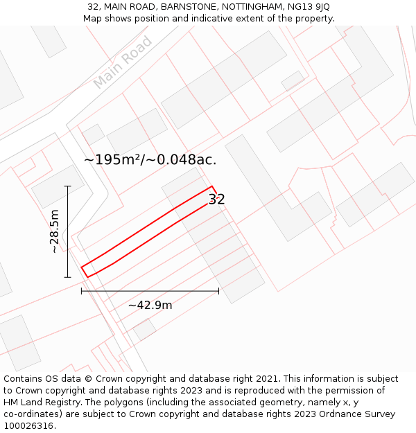 32, MAIN ROAD, BARNSTONE, NOTTINGHAM, NG13 9JQ: Plot and title map