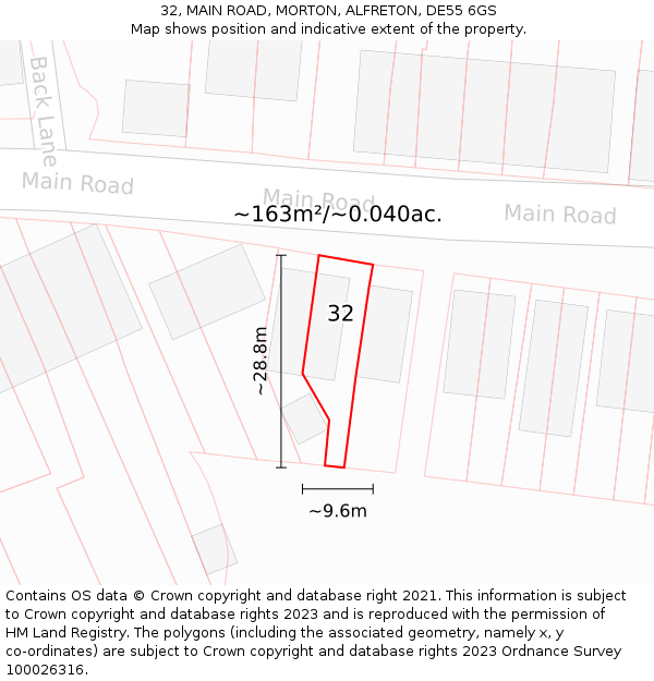 32, MAIN ROAD, MORTON, ALFRETON, DE55 6GS: Plot and title map