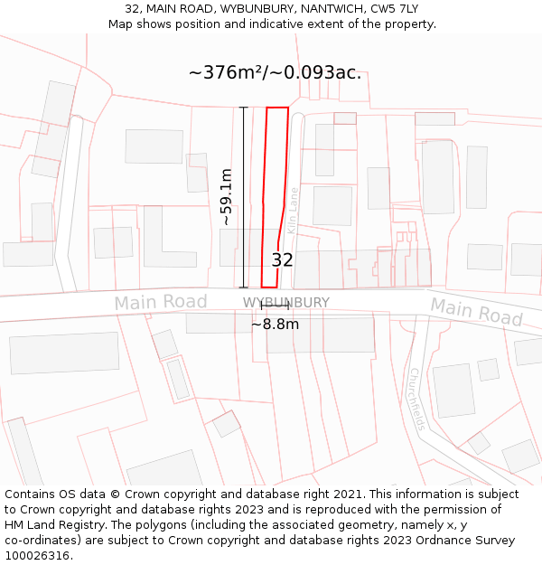 32, MAIN ROAD, WYBUNBURY, NANTWICH, CW5 7LY: Plot and title map