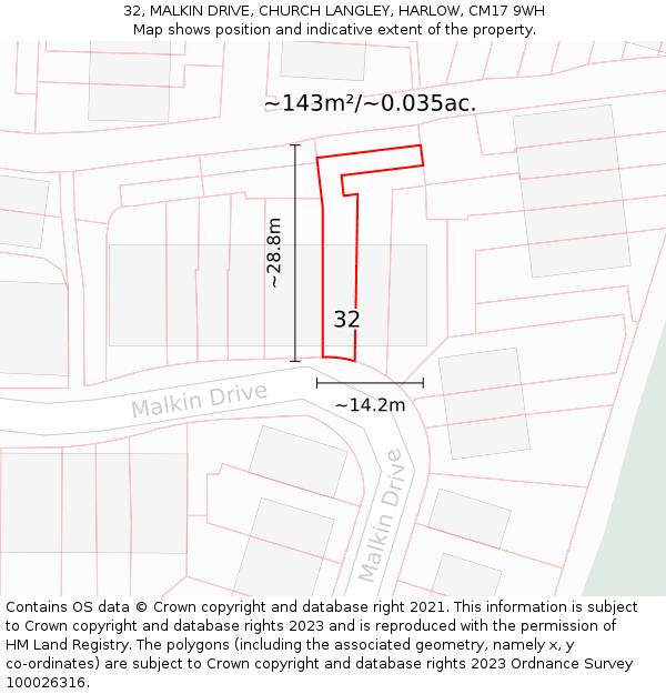 32, MALKIN DRIVE, CHURCH LANGLEY, HARLOW, CM17 9WH: Plot and title map