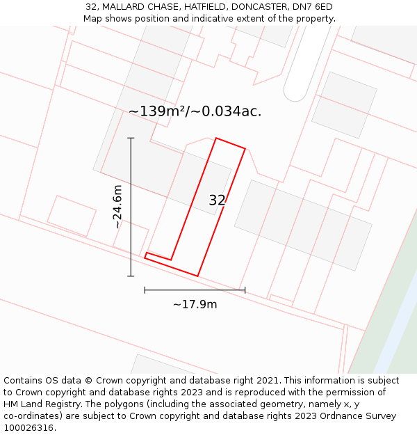 32, MALLARD CHASE, HATFIELD, DONCASTER, DN7 6ED: Plot and title map