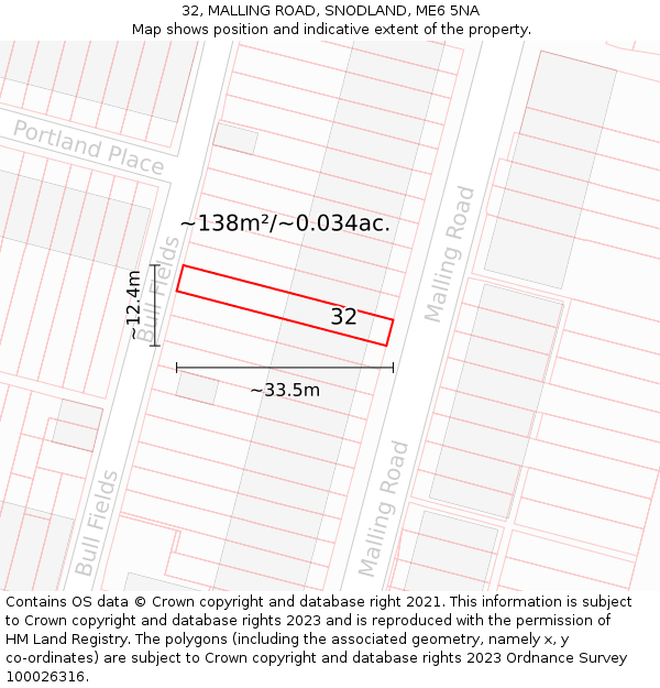 32, MALLING ROAD, SNODLAND, ME6 5NA: Plot and title map