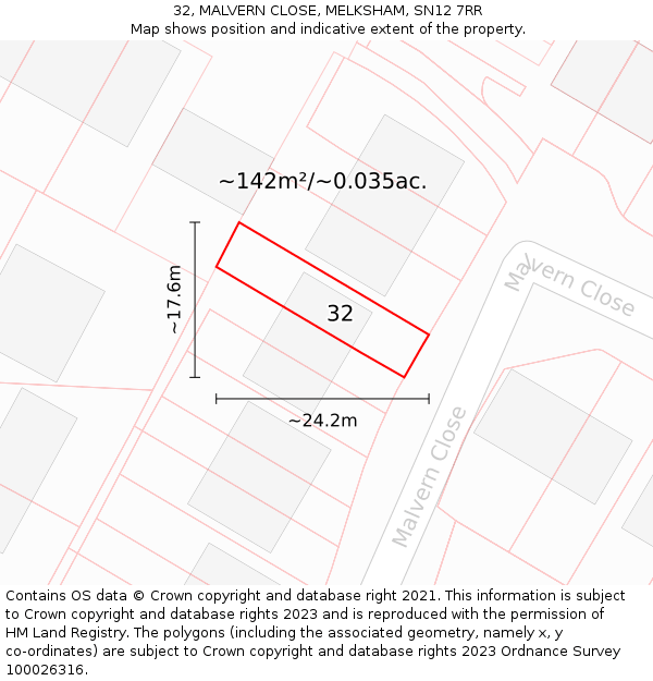 32, MALVERN CLOSE, MELKSHAM, SN12 7RR: Plot and title map