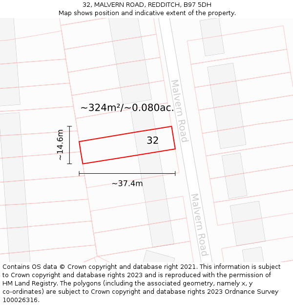 32, MALVERN ROAD, REDDITCH, B97 5DH: Plot and title map