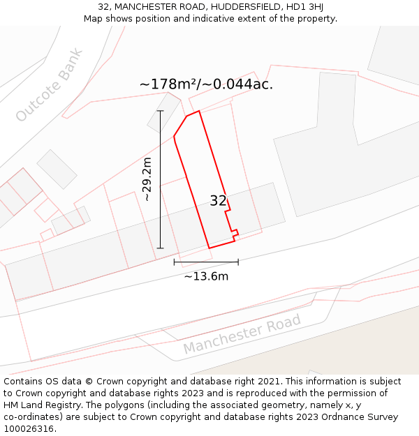 32, MANCHESTER ROAD, HUDDERSFIELD, HD1 3HJ: Plot and title map