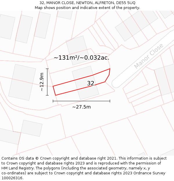 32, MANOR CLOSE, NEWTON, ALFRETON, DE55 5UQ: Plot and title map